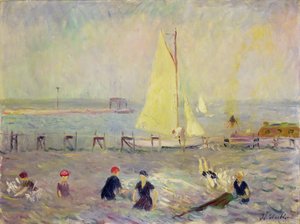 Marina con Dos Veleros y Seis Bañistas de William James Glackens